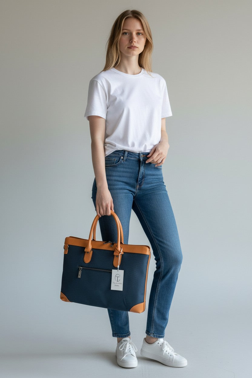 Borsa Business Tessuto in Pelle Blu