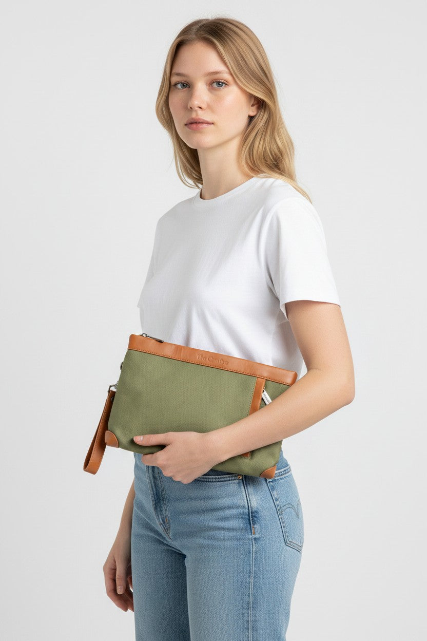 Pochette in Tessuto e Pelle Verde