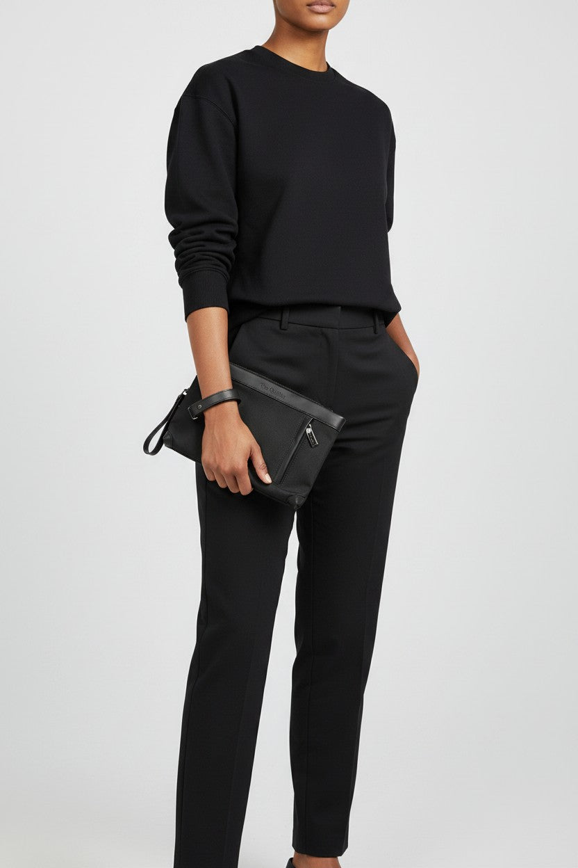 Pochette in Tessuto e Pelle Nero
