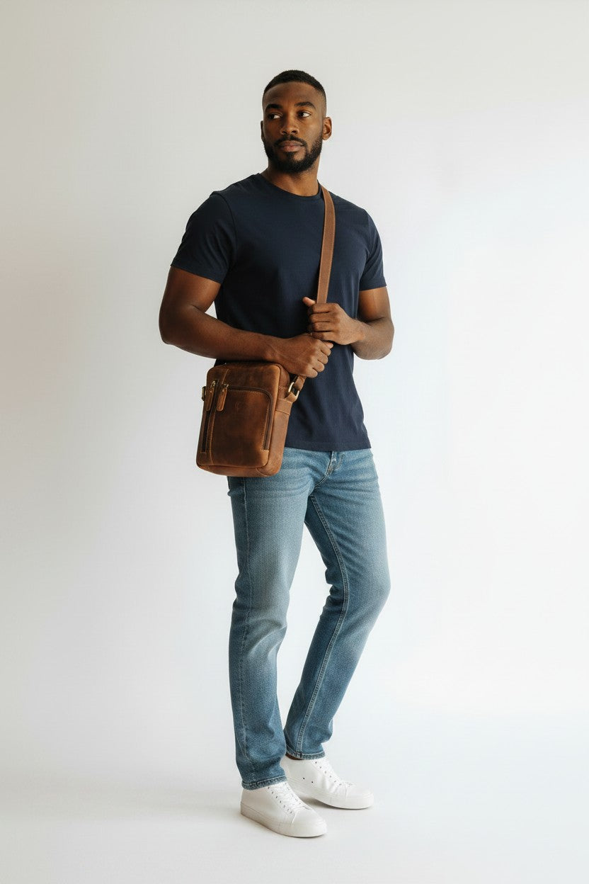 Borsello Doppia Zip In Pelle Cuoio