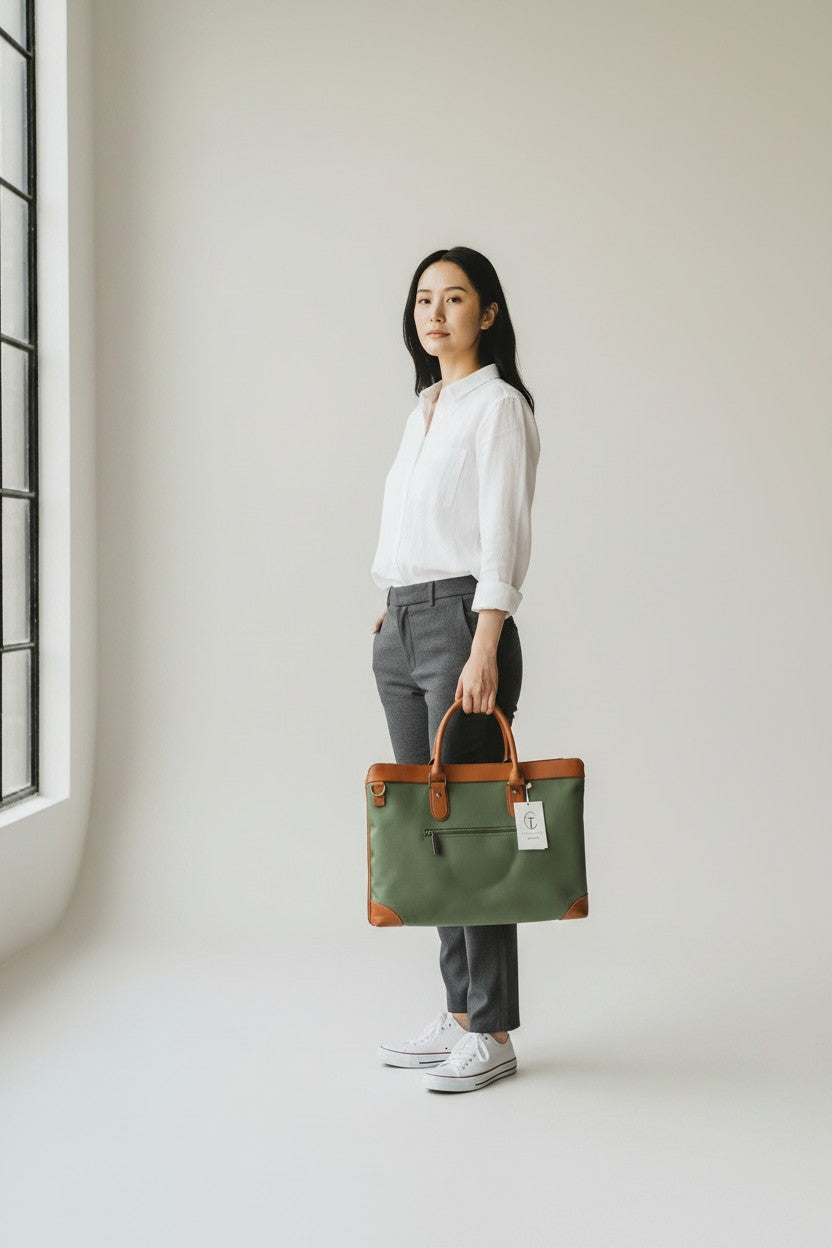 Borsa Business Tessuto in Pelle Verde