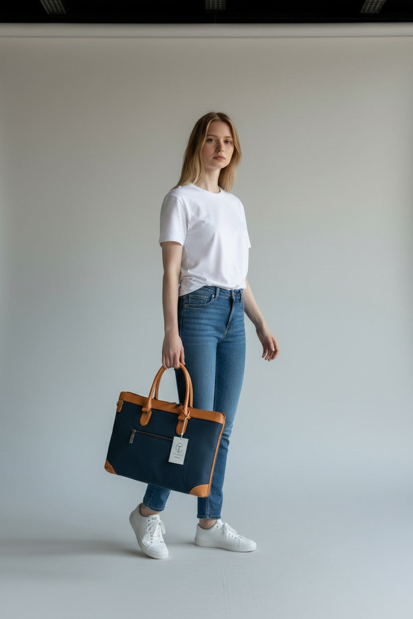 Borsa Business Tessuto in Pelle Blu