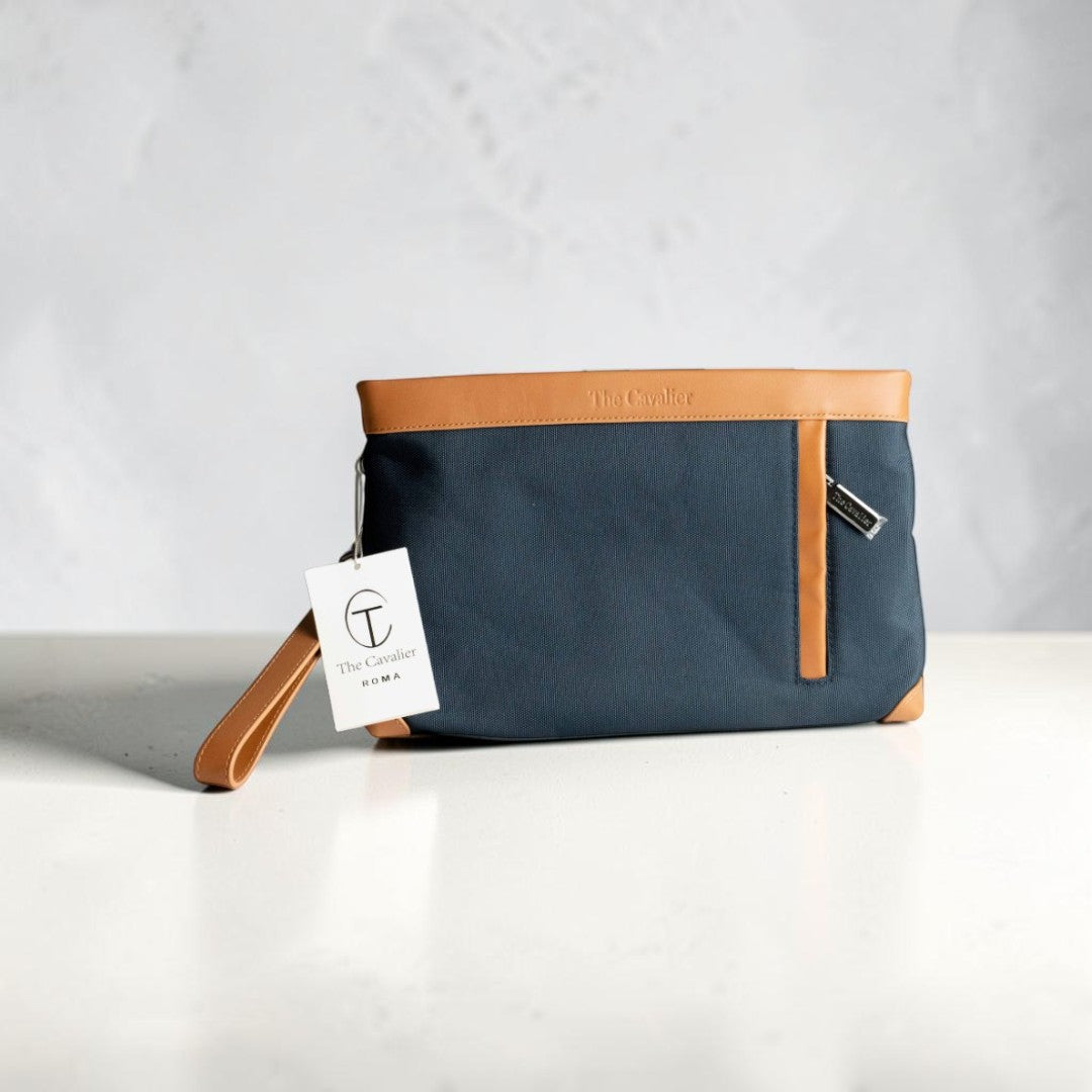 Pochette in Tessuto e Pelle Blu Navy