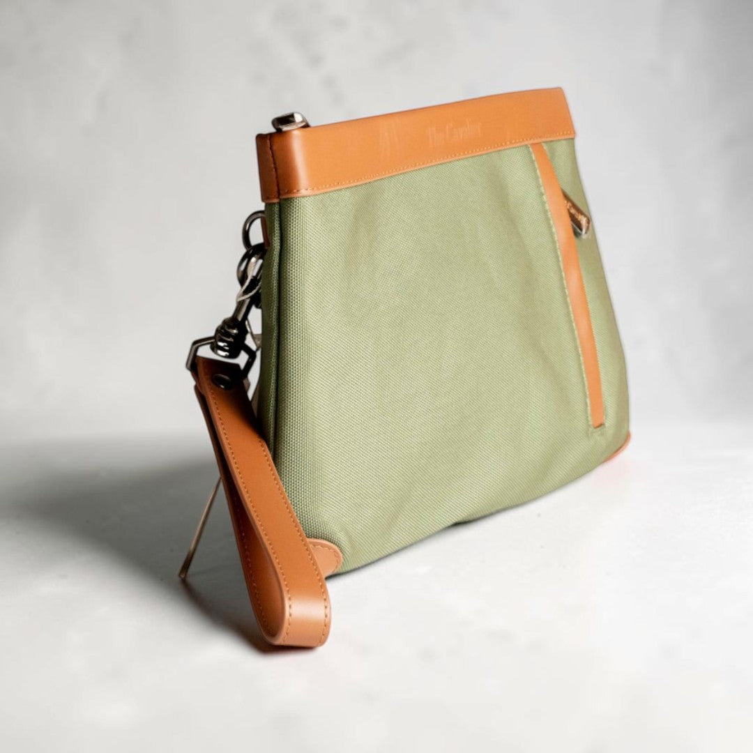 Pochette in Tessuto e Pelle Verde