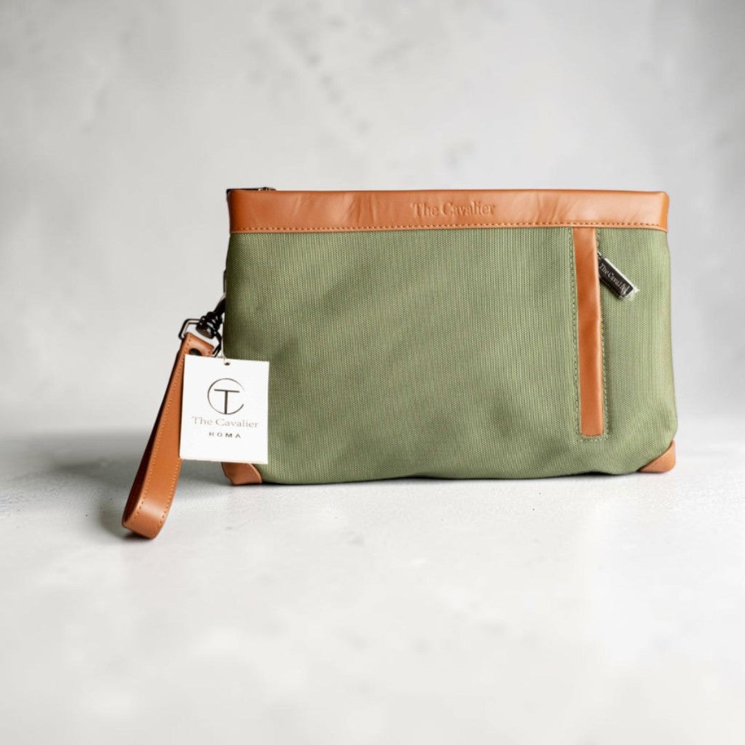 Pochette in Tessuto e Pelle Verde