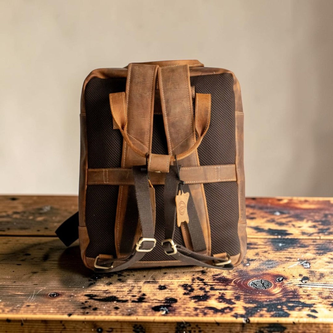 Zaino Medio in Pelle con Tasca Cuoio