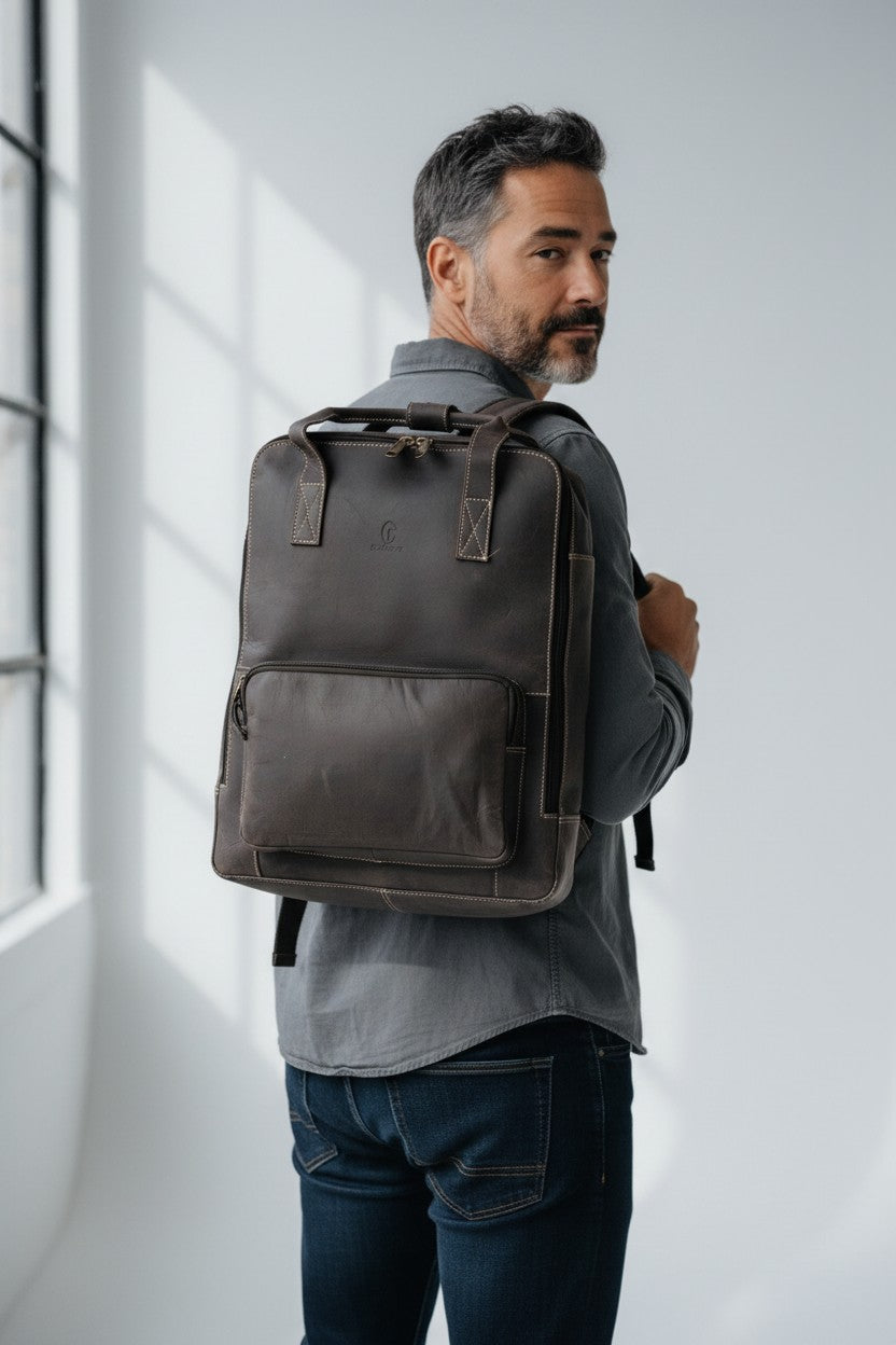 Zaino Medio in Pelle con Tasca Nero
