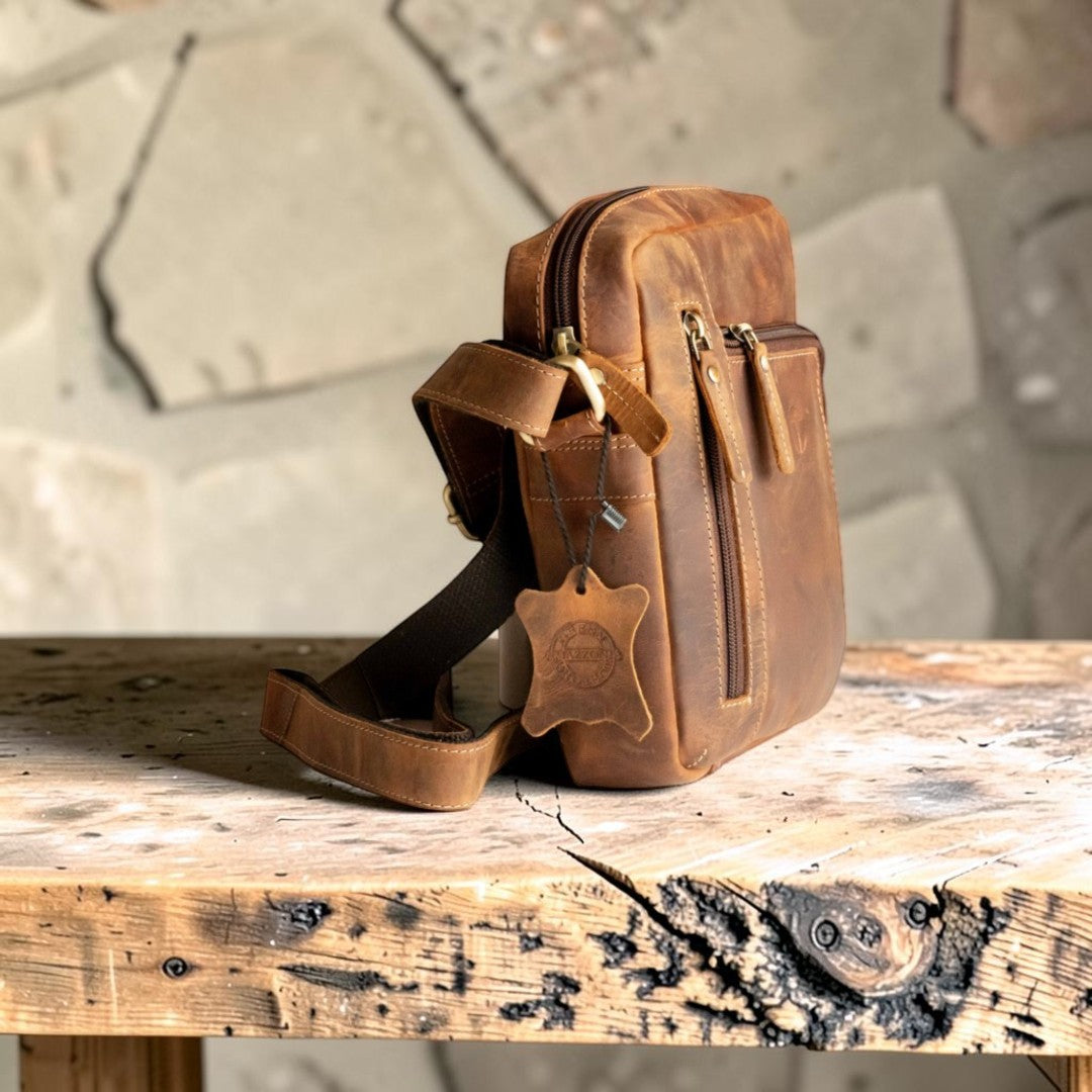 Borsello Doppia Zip In Pelle Cuoio