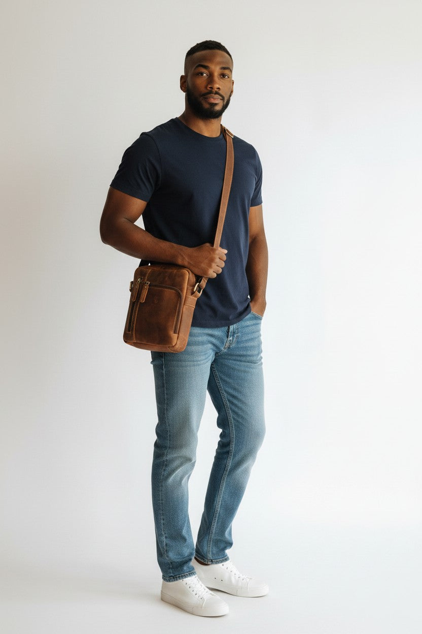 Borsello Doppia Zip In Pelle Cuoio