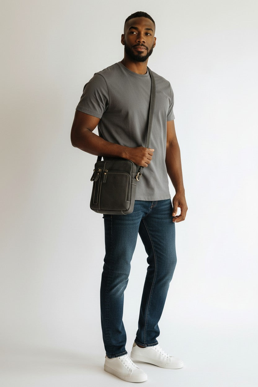 Borsello Doppia Zip in Pelle Nero
